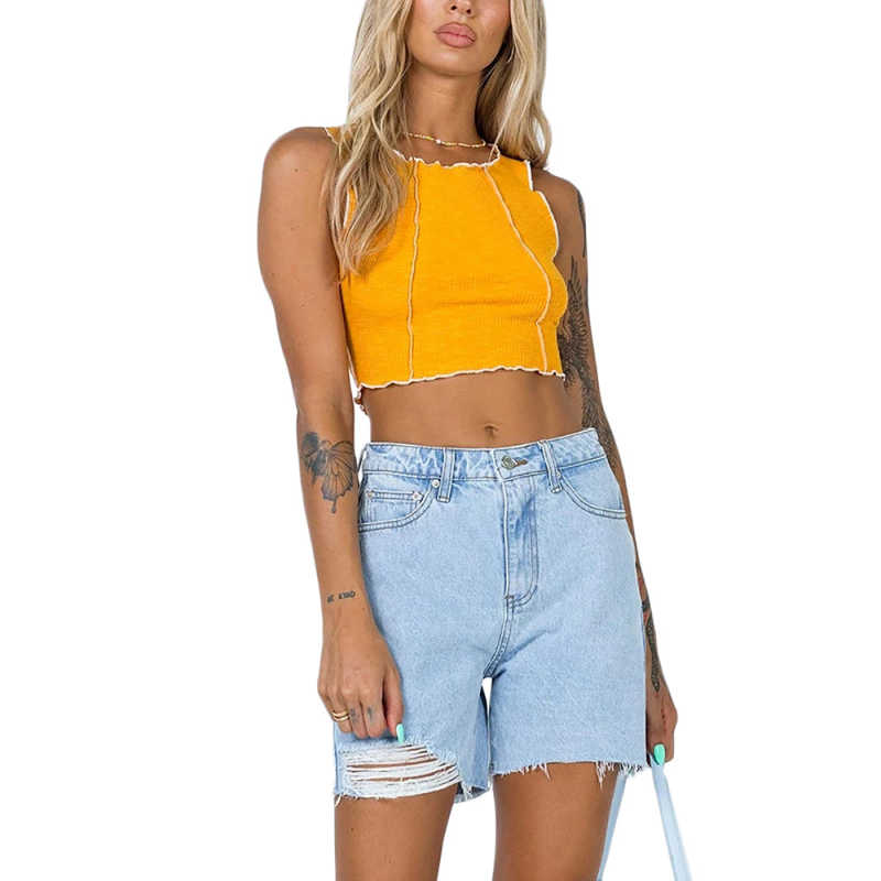 Yellow Cotton Blend Sleeveless Crop Tank TQK250135-7