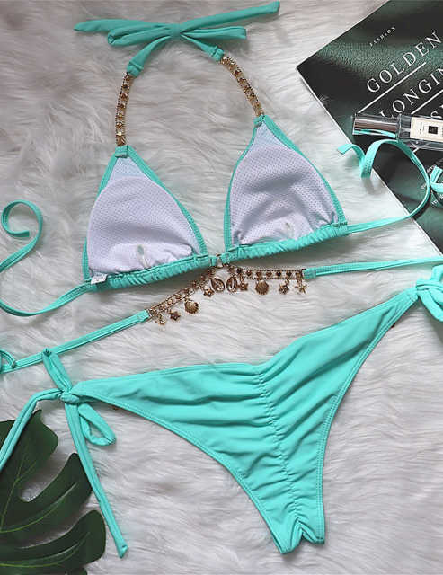 Blue-green Sexy Rhinestone Two-pieces Bikini Set TQK610324-45