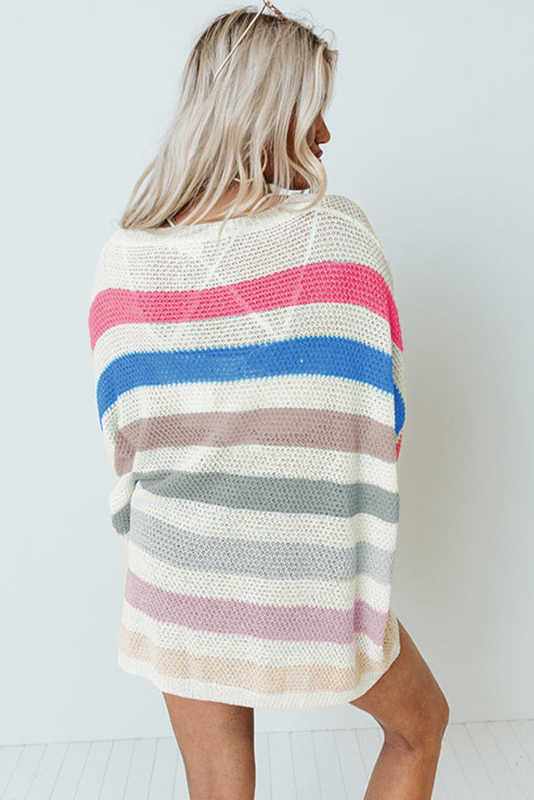 Rose Multicolor Striped Knit Top with Chest Pocket LC25115147-6