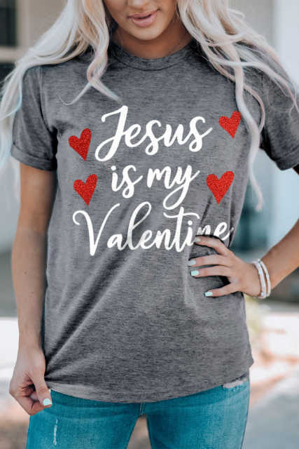 Gray Jesus Is My Valentine Heart Glitter Print Graphic T Shirt LC25219241-11