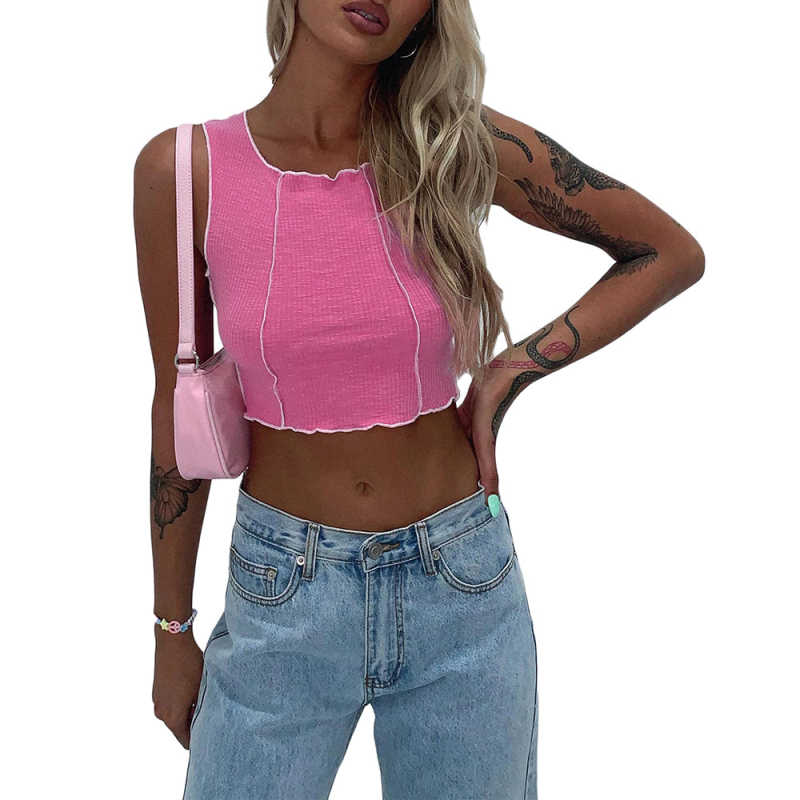 Pink Cotton Blend Sleeveless Crop Tank TQK250135-10