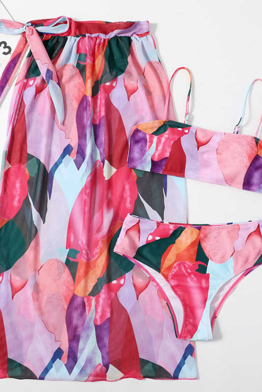 Pink 3pcs Colorblock Print Bikini Set LC412312-10