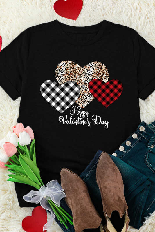 Black Happy Valentine's Day Hearts Print Short Sleeve T Shirt LC25219286-2