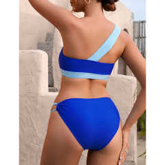 Blue Metal Buckle Patchwork One Shoulder Bikini TQX610011-5