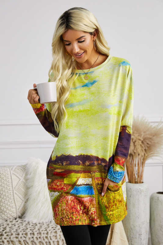 Multi-color Field Printing Long Sleeve Tunic Top With Two Side Pockets LC2531457-1022