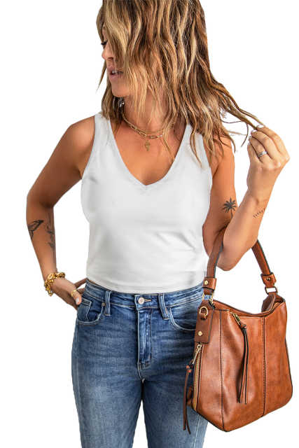White V Neck Tank Top LC2565000-1