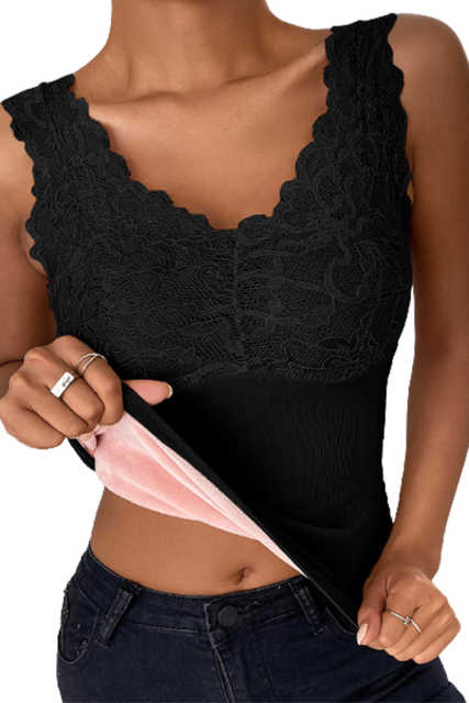 Black Scalloped Lace Trim Padded Thermal Vest LC2565143-2