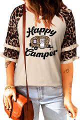 Apricot Happy Camper Leopard Graphic Print Half Sleeve Top LC25114763-18