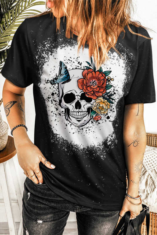 Black Skull Wearing Flowers Bleached Graphic Tee LC25215891-2