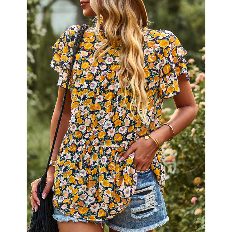 Yellow Floral Print Ruffle Sleeves Chiffon Tunic Tops TQX210199-7