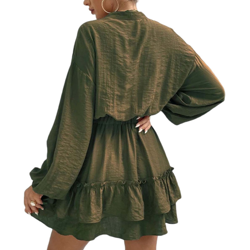 Army Green Ruffle Hem Long Sleeve Casual Dress TQG310070-27
