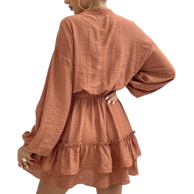 Caramel Ruffle Hem Long Sleeve Casual Dress TQG310070-56