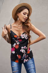 Black Floral Print Cowl Neck Spaghetti Straps Tank Top LC253547-2