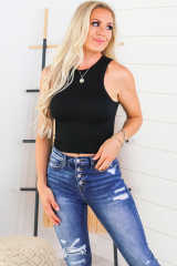 Black Ribbed O-neck Cropped Tank Top LC2565041-2