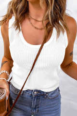 White Plain Waffle Knit U Neck Tank Top LC2567709-1