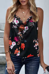 Black Floral Print Cowl Neck Spaghetti Straps Tank Top LC253547-2