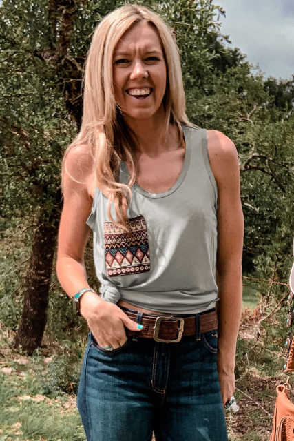 Gray Ethnic Pattern Chest Pocket Casual Tank Top LC2567914-11