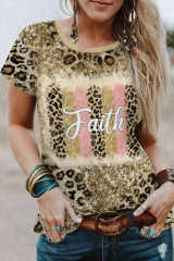 Faith Leopard Glitter Bleached O-neck T-shirt LC25219306-20