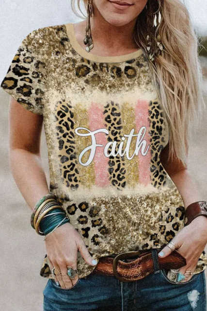 Faith Leopard Glitter Bleached O-neck T-shirt LC25219306-20
