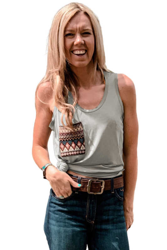 Gray Ethnic Pattern Chest Pocket Casual Tank Top LC2567914-11