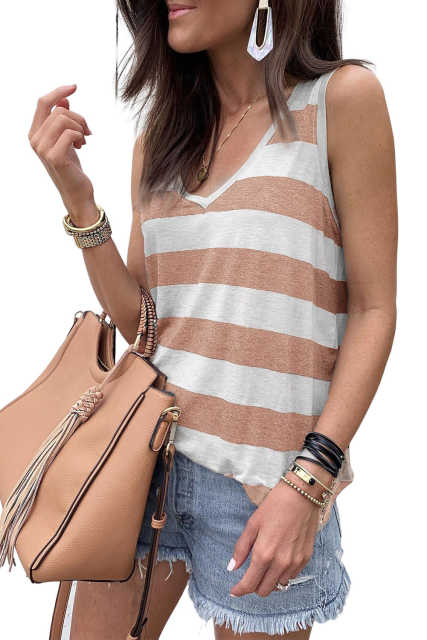 Apricot Striped V Neck Tank Top LC2567929-18