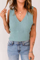 Green V Neck Rib Knit Tank Top LC2565705-9