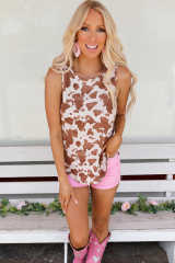 Brown Cow Print Crew Neck Tank Top LC2567786-17