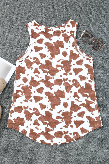 Brown Cow Print Crew Neck Tank Top LC2567786-17