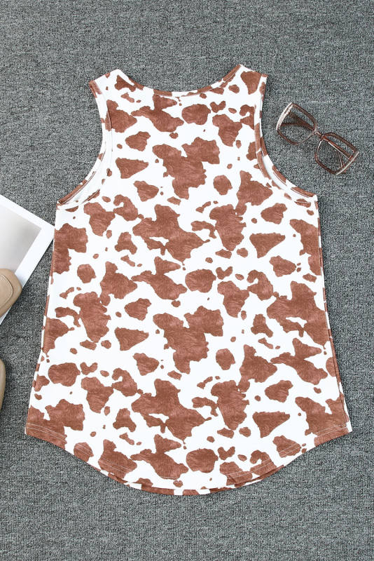 Brown Cow Print Crew Neck Tank Top LC2567786-17