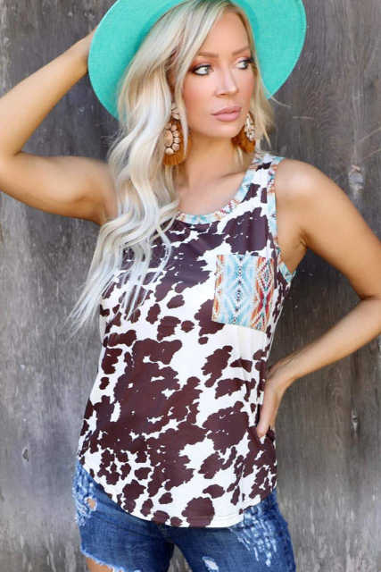 Cow Print Aztec Pocket Tank Top LC2565033-1