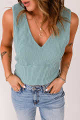 Green V Neck Rib Knit Tank Top LC2565705-9