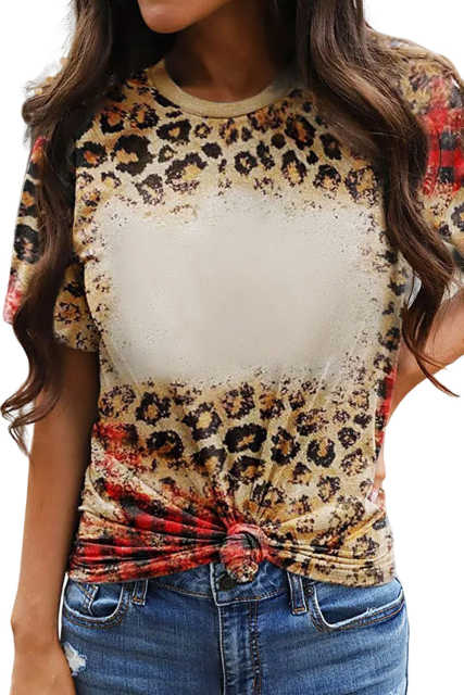 Plaid Bleached Leopard Print Short Sleeve T Shirt LC25219317-20