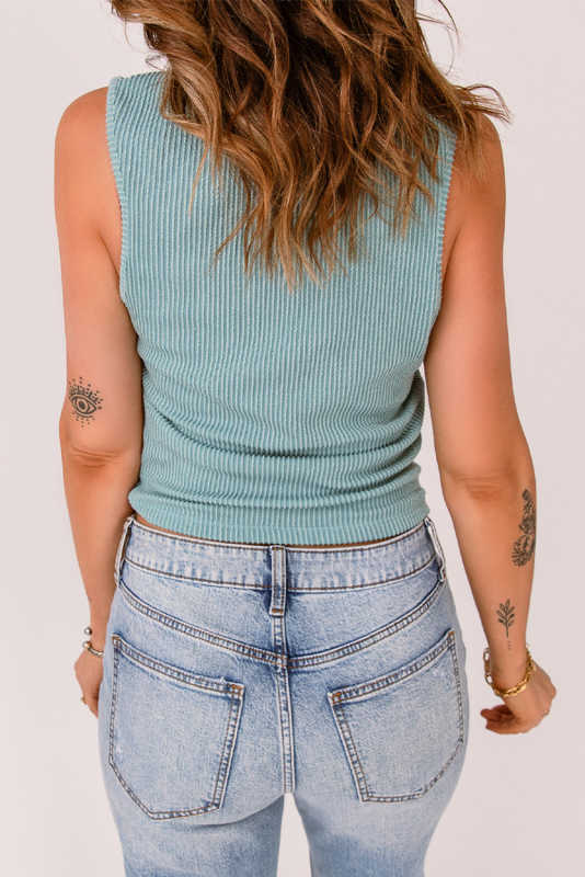 Green V Neck Rib Knit Tank Top LC2565705-9