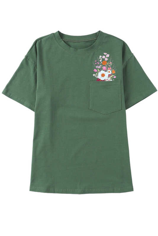 Green Floral Pocket Casual Short Sleeve Tee LC25219100-9