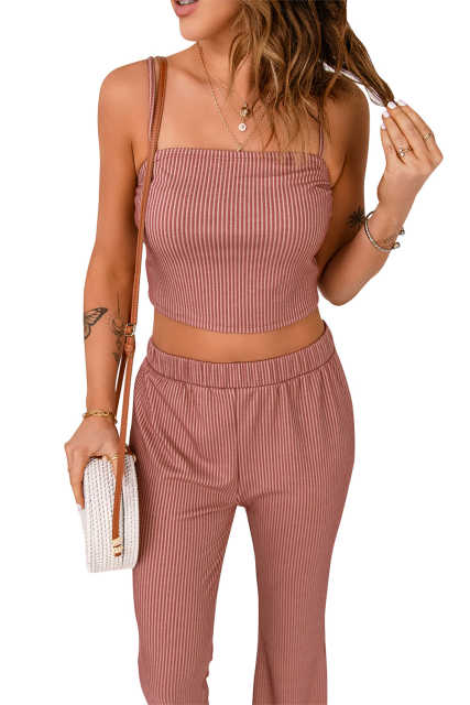 Red Striped Print Spaghetti Strap Crop Tank Top LC2565687-3