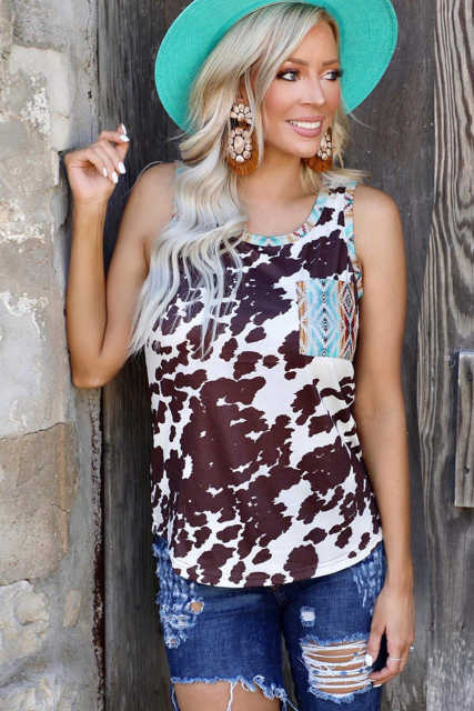 Cow Print Aztec Pocket Tank Top LC2565033-1