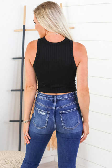 Black Ribbed O-neck Cropped Tank Top LC2565041-2