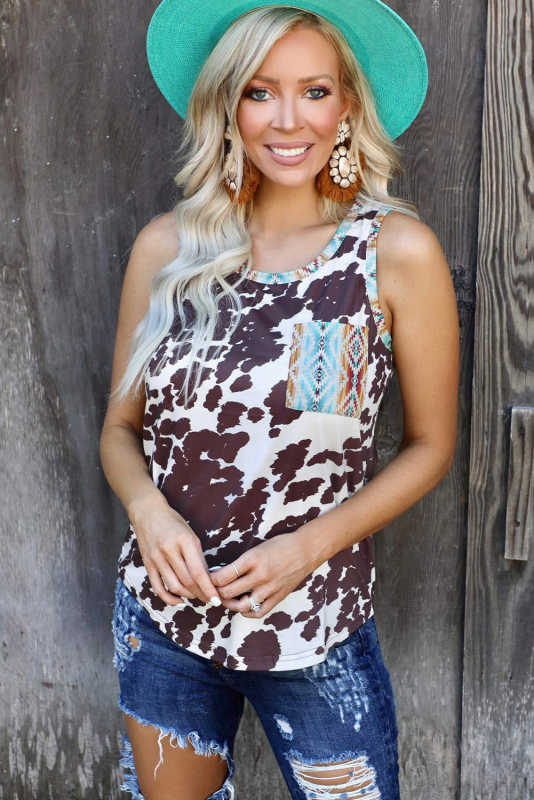 Cow Print Aztec Pocket Tank Top LC2565033-1