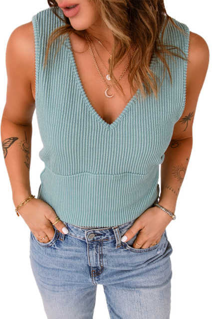 Green V Neck Rib Knit Tank Top LC2565705-9