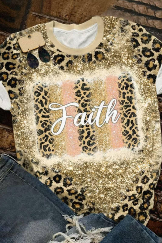 Faith Leopard Glitter Bleached O-neck T-shirt LC25219306-20