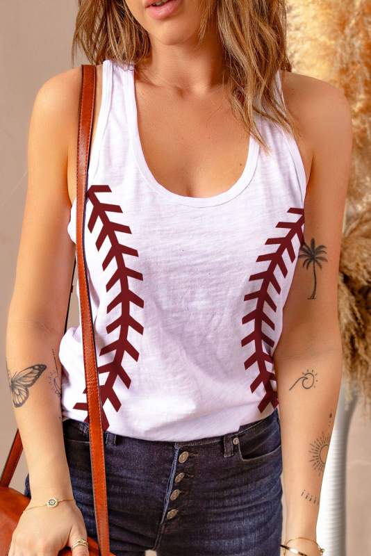 White Casual Baseball Print Graphic Tank Top LC2565649-1