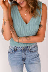 Green V Neck Rib Knit Tank Top LC2565705-9