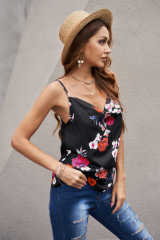 Black Floral Print Cowl Neck Spaghetti Straps Tank Top LC253547-2