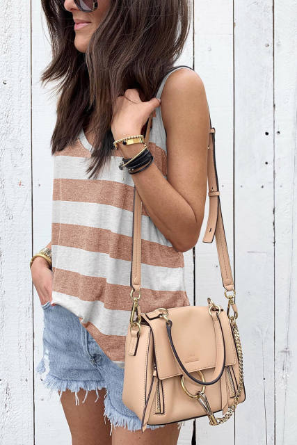 Apricot Striped V Neck Tank Top LC2567929-18