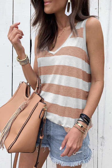 Apricot Striped V Neck Tank Top LC2567929-18