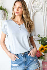 Gray V Neckline Buttoned Detail T-shirt LC25219156-11