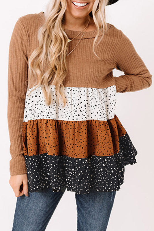 Brown Ribbed Long Sleeve Dotted Tiered Ruffled Flowy Top LC25122434-17