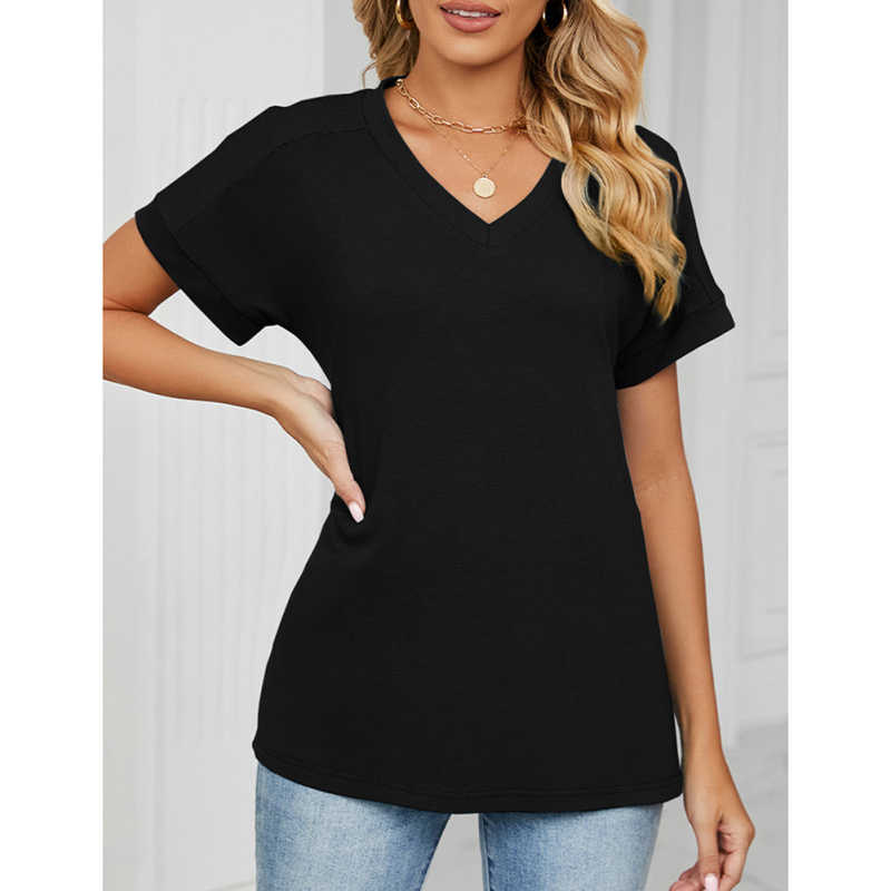 Black Raglan Sleeve V Neck T-shirt with Slit TQX210217-2