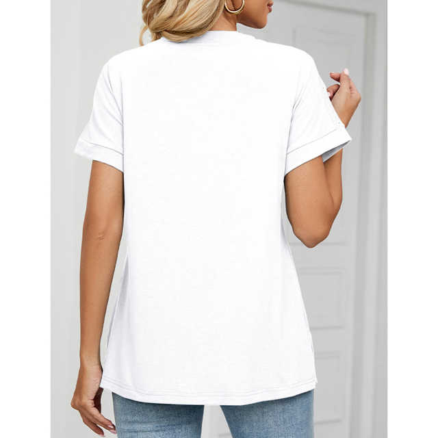 White Raglan Sleeve V Neck T-shirt with Slit TQX210217-1
