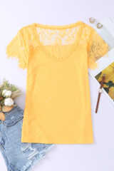 Yellow Lace Crochet Short Sleeve U Neck T Shirt LC25118561-7